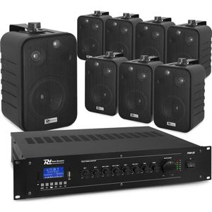 Power Dynamics installatie speakerset - Set van 8 speakers en versterker - Bluetooth - 100V - Zwart