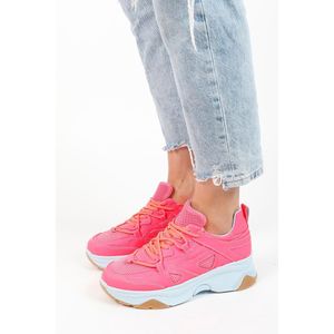 Sacha - Dames - Roze leren platform sneakers met lichtblauwe zool - Maat 41