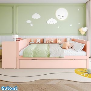 Gutent Kinderbed - Houten bed - 140x200 cm - Met bureau - Met onderschuifbed - (zonder matras) - Met plank - Grenen + hardhouten planken - Roze(Geen stoel)