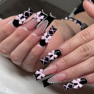 Press Nails Casket - Long Black Glossy Full Cover - Acrylic Square French - Artificial Nails met Pink Bow Design - Ballet False Nails