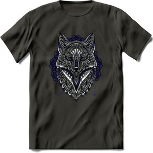 Vos - Dieren Mandala T-Shirt | Donkerblauw | Grappig Verjaardag Zentangle Dierenkop Cadeau Shirt | Dames - Heren - Unisex | Wildlife Tshirt Kleding Kado | - Donker Grijs - 3XL