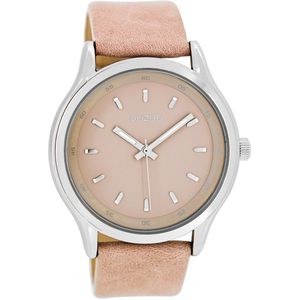 OOZOO Timepieces - Zilverkleurige horloge met roze leren band - C7436