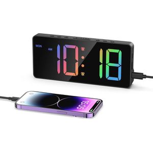 Digitale wekker met 7 inch kleurrijk LED-display, instelbare helderheid en volume, moderne tafelklo