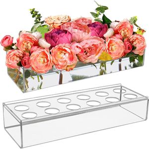 Rechthoekige bloemenvaas van acryl, lang, moderne bloemenhouder, plantenpot, decoratieve vaas voor kantoor, tafeldecoratie, desktop-feestdecoratie (30 x 10 x 6,5 cm)