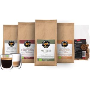 Koffiebonen Proefpakket - Highlands Gold - Mixpakket - Amaretti koekjes - Biologisch - Met Dubbelwandige Glazen (260ml)