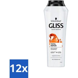 12 x Gliss-Kur - Shampoo - Total Repair - Herstelt & Versterkt - Gehydroliseerd - 400 ml - Haar Herstel - Haarversterking - Gehydroliseerde Keratine - Beschadigd Haar - Zwak Haar