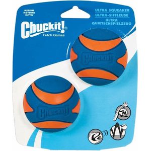 Chuckit! Ultra Squeaker Bal - Hondenspeelgoed - Hondenbal - Duurzaam rubber - Medium - Ø6 cm - Blauw/Oranje - 2 Stuks