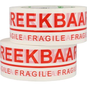 Dappaz - 2 Rollen Fragile Tape Breekbaar 5 cm x 100 meter Rood/Wit Plakband - Waarschuwingstape Verhuistape