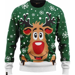 JAP Christmas Kersttrui (maat XL) - 100% Gerecycled - Kriebelt niet - Kerstcadeau volwassenen - Foute Kersttrui dames en heren - Rudolf het Rendier - Groen