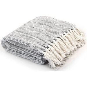 The Living Store Plaid visgraat 220x250 cm katoen grijs - Plaid - Dekbed - Fleece - Wollen Plaid - Gebreide Deken