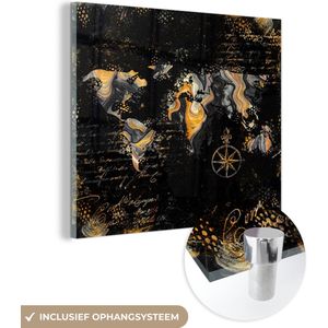MuchoWow® Glasschilderij 50x50 cm - Schilderij acrylglas - Wereldkaart - Verf - Goud - Kompas - Foto op glas - Schilderijen