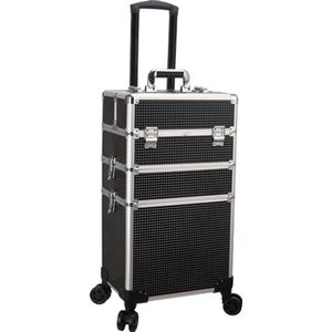 Make up Koffer Zwart met Lines kleur | Beautycase \ 8 wielen / Beautykoffer / Trolley van aluminium - Bekleed zwart fluweel - 8 wielen - Kapper - Tattoo - Nagel - Visagie - Make-up - Cosmetica - Schmink - Beauty case / Beauty koffer