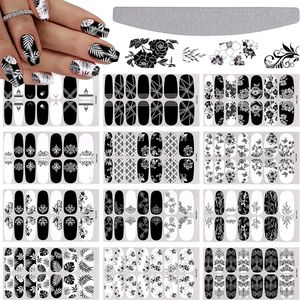 12 Vellen Zelfklevende Nagelstickers | Retro Bloem Wijnstok Patroon | French Manicure Decoratie voor Dames | Nagels Kunst DIY - Zwarte en Witte Volledige Wraps
