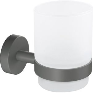 tesa MOON GREY Tandenborstelhouder van satijnglas, beker met houder, matgrijs - Badkamers in moderne en industriële stijl - Zonder boren - 96 mm x 70 mm x 109 mm