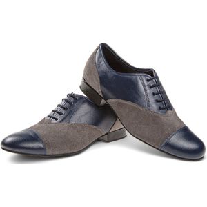 Diamant 077 - 025 - 455 - Heren Dansschoenen - Blauw Leer met Grijs Suède - Hak 2cm - Brede pasvorm voor bredere voeten - Vetersluiting - Suede zool - Antibacterieel microfiber - Ballroom, Tango, Salsa, Bachata - Diamant - Blauw - Grijs - 39.5