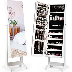 COSTWAY Sieradenkast afsluitbaar, vrijstaande spiegelkast met full-body spiegel, sieradenorganizer kantelbaar voor make-up, 41 x 36,5 x 146 cm (wit)