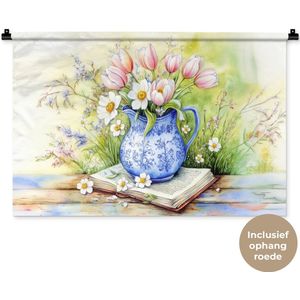 Wandkleed 90x60 cm - Wanddoek Vaas - Delftsblauw - Madeliefjes - Wandtapijt - Wandkleden