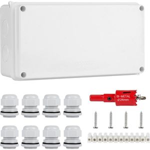 Aansluitdoos, IP65 waterdicht, verdeeldoos, opbouw, Ø12-15 mm, ABS aansluitdoos, groot, aansluitdoos, inbouw voor vochtige ruimtes, vloer, verdeeldoos, wit (200 x 100 x 70 mm)