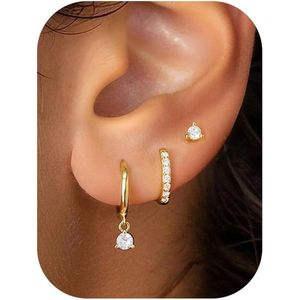 Huggie Oorbellenset voor meerdere piercings van 925 zilver en goud met roze doos - Maat L