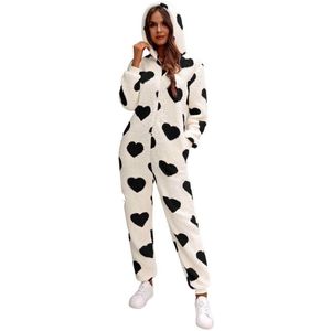 Dames Sweet Heart-patroon, harige Sherpa-romper, ultrazachte onesie, pyjama, jumpsuit, broek met capuchon