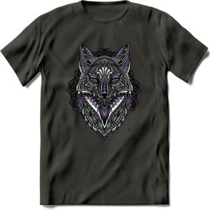 Vos - Dieren Mandala T-Shirt | Paars | Grappig Verjaardag Zentangle Dierenkop Cadeau Shirt | Dames - Heren - Unisex | Wildlife Tshirt Kleding Kado | - Donker Grijs - L