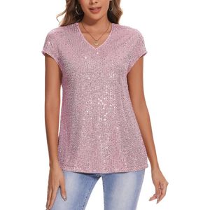 Glitters T-shirt voor dames met korte mouwen en V-hals - Perfect voor feesten en vrije tijd