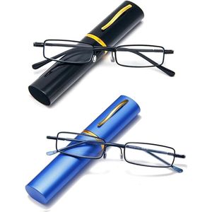 Twee-pack ultradunne metalen leesbrillen, geschikt voor zowel mannen als vrouwen, met een draagbaar draagtasje -1.0 dioptrie (zwart + blauw)