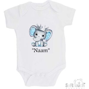 100% katoenen Romper Olifant met Kroontje Met Eigen Naam Katoen Wit Print Prinsje Zwart Maat 56/62