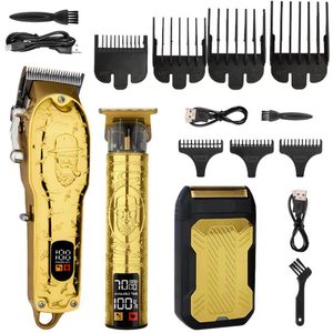 Professionele tondeuseset voor mannen, elektrisch scheerapparaat, scheerapparaat, draadloos haarknippen, kapperstondeuse, baardtrimmer, verzorgingsset voor mannen (goud)
