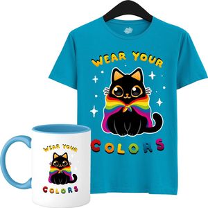 Schattige Pride Vlag Kat - Unisex T-Shirt Mannen en Vrouwen - LGBTQ+ Suporter Kleding - Gay Progress Pride Shirt - Rainbow Community - T-Shirt met mok - Unisex - Aqua Blauw - Maat L