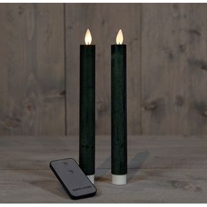 LED kaarsen met bewegende vlam 2x - Donkergroen - Dark Green - Afstandsbediening - Dinerkaars rustiek wax 23 cm - LED kaars batterij