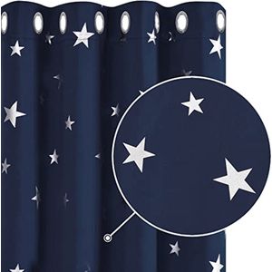 Deconovo 2 stuks verduisteringsgordijnen marineblauw in kinderkamer jongens thermisch geïsoleerd anti-kou doorvoergordijnen grote sterren zilveren prints 140 x 180 cm