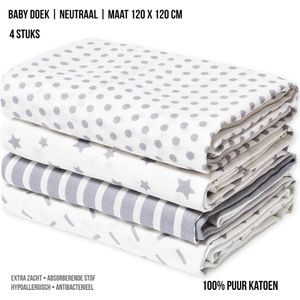 Luxe Set van 4 Grote Hydrofiele Doeken (120x120 cm) in Zacht, 100% Katoen | Baby Doeken | Inbakerdoek | Kleur: Grijs-Wit | Baby Jean
