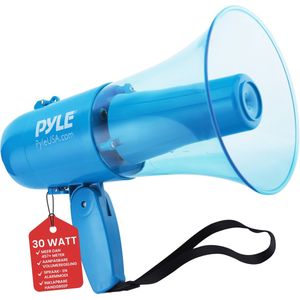 Pyle 30W Waterdichte Megafoon met Sirene – Draagbare Bullhorn Luidspreker voor Binnen & Buiten, Bereik tot 450 m, Werkt op 4 C-batterijen, Opnamefunctie, Transparant Blauw