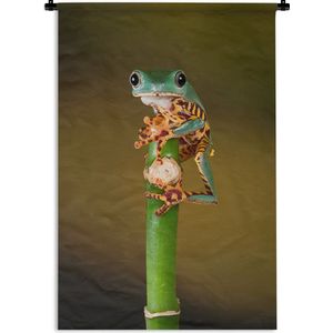 Wandkleed Junglebewoners - Kikker op groene plant van dichtbij Wandkleed katoen 60x90 cm - Wandtapijt met foto