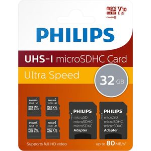 Philips Micro SDHC kaart - 32 GB - Class 10 - UHS-I U1 - Inclusief 2x SD Adapter - voordeel-4-pak