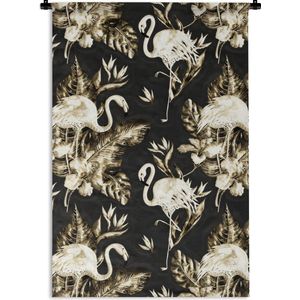 Wandkleed FlamingoKerst illustraties - Patroon van gouden flamingo's en bladeren en bloemen tegen een zwarte achtergrond Wandkleed katoen 90x135 cm - Wandtapijt met foto