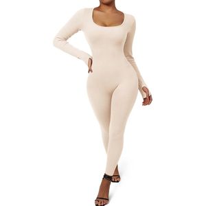 B.O.S. - Basic Body - Ribbed - Long sleeve - Jumpsuit Voor Vrouwen - Kleding - Casual - Wit- Fitness - Rompertjes 2023 - Y2K - Playsuit - Activiteit - Streetwear Overalls - Maat S
