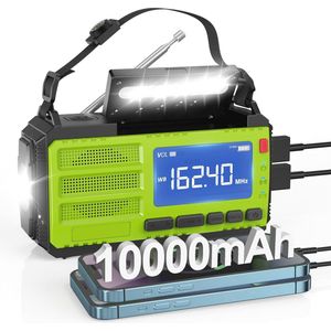 Draagbare 10000mAh Noodradio met AM/FM NOAA Weervoorspelling, Zaklamp en SOS Alarm - Oplaadbare Zonne- en Handcrank Radio voor Noodgevallen