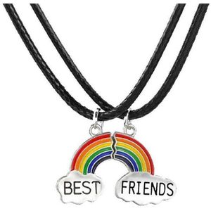 Kasey Vriendschapsketting - bff ketting voor 2 - 2 stuks - Regenboog aan zwart leren koord