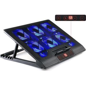 Geventileerde laptopstandaard met 6 LED-ventilatoren en LCD voor 10-17 inch laptops - 7 hoogtestanden - zwart