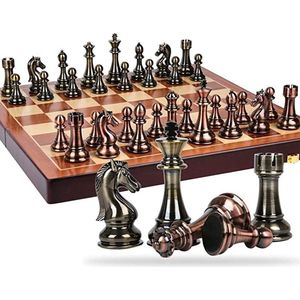 Pro-Care XL Super de Luxe Walnoot Handgemaakt Schaakbord Met Bronzen Stukken - 35x35cm - Walnoot/Esdoorn - Brons Handmade Schaakstukken - Opvouwbaar Opbergsysteem - Schaken - Schaakspel - Chess