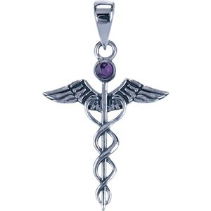 Zilveren Mercurius staf met amethyst ketting hanger