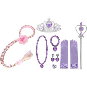 Het Betere Merk - Prinsessen verkleedkleding - Prinses speelgoed - Rapunzel Vlecht - Paarse Handschoenen - Toverstaf - Tiara - Kroon - Speelgoed Meisjes