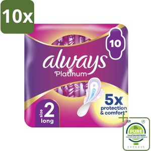 10 x Always Platinum - Maandverband - Maat 2 - Long - 10 Pads - Grootverpakking - Maandverband - Always Platinum - Langdurige Bescherming - Maandbloeding - Superabsorberend