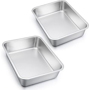 Ovenschaal set, roestvrij staal, rechthoekig, taartvorm, bakvorm Tiramisu vorm, set van 2, ovenvorm, groot 32,5 x 25,5 x 8 cm, perfect voor lasagne/mezen/brownie, hittebestendig en vaatwasmachinebestendig