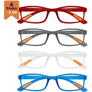 Amazotti Milano Leesbrillen +3.00 – Set van 4 – Trendy & Comfortabel – Italiaans Design – Lichtgewicht Kunststof – Dames & Heren – Rood, Grijs, Transparant, Aquamarijn – Leesbril met Sterkte