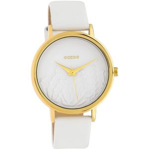 OOZOO Timepieces - Goudkleurige horloge met witte leren band - C10601