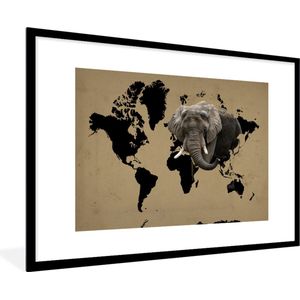 Fotolijst incl. Poster - Wereldkaart - Zwart - Olifant - 90x60 cm - Posterlijst