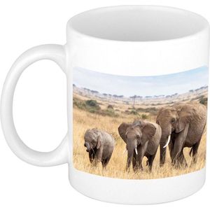 Kudde Afrikaanse olifanten in de Savanne koffiemok / theebeker wit 300 ml - keramiek - dierenmokken - cadeau beker / olifant / natuurliefhebber mok